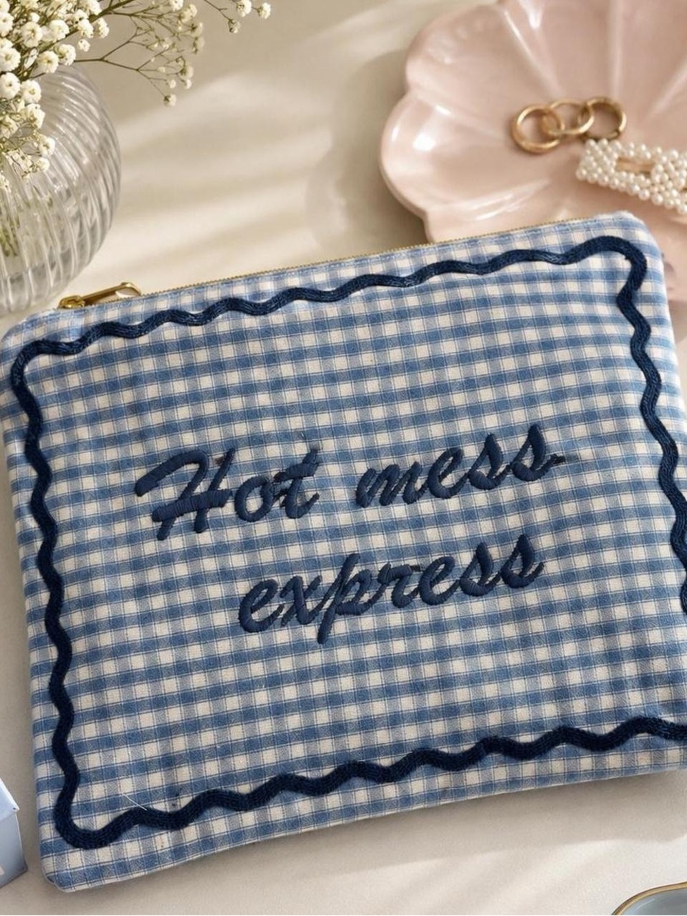 Lady Delaney “Hot Mess Express” Blue Gingham Embroidered Pouch